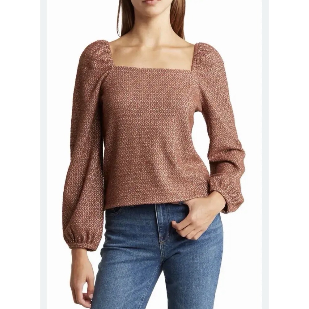 Madewell Jacquard Puff-Sleeve Crop Top S Dark Merlot Knit Square Neck Peasant